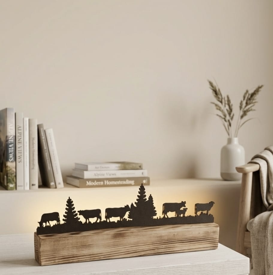 LED Holzbalken Alpzyt beleuchtet – stimmungsvolle Alpenszene für gemütliche Abende