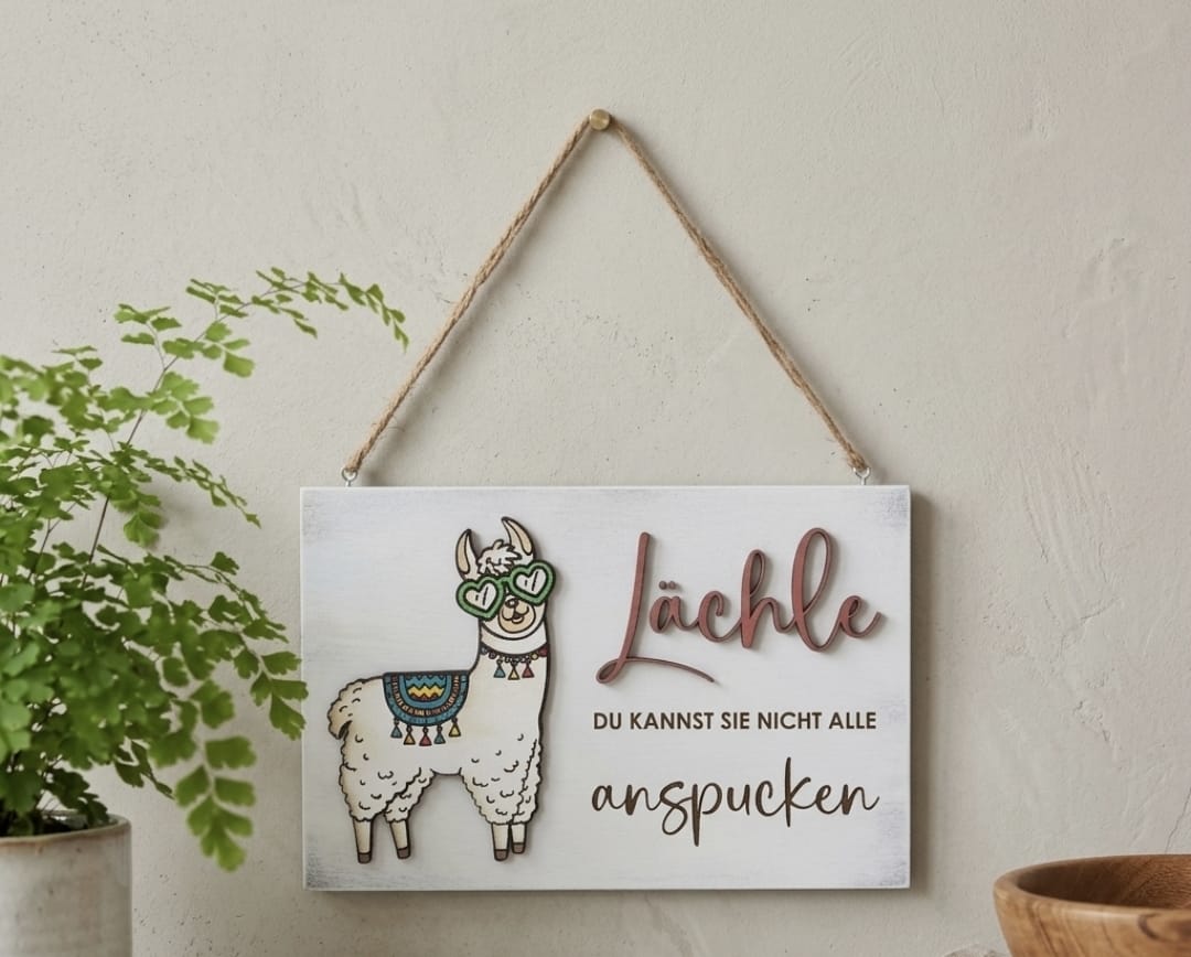 Holzschild mit Lama-Motiv und Aufschrift "Lächle, du kannst sie nicht alle anspucken", 30x20 cm, mit Juteschnur