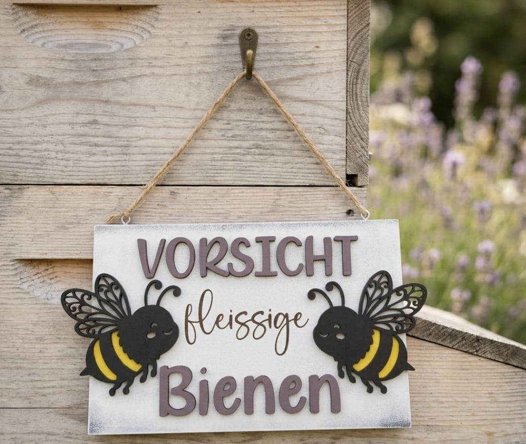 Holzschild „Vorsicht fleissige Bienen“ am Bienenhaus aufgehängt – Deko für Garten und Bienenfreunde