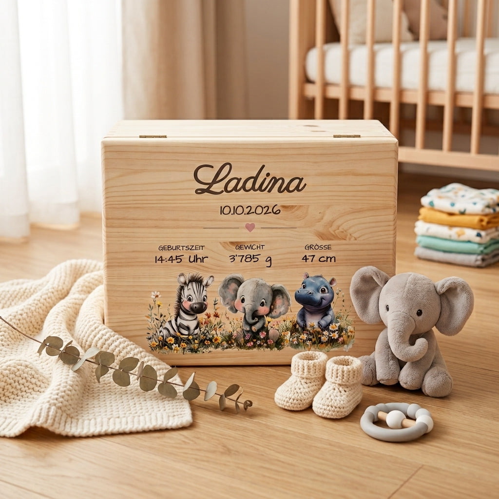 Personalisierte Erinnerungskiste aus Holz mit Name, Geburtsdaten und Safari-Motiv mit Zebra, Elefant und Nilpferd