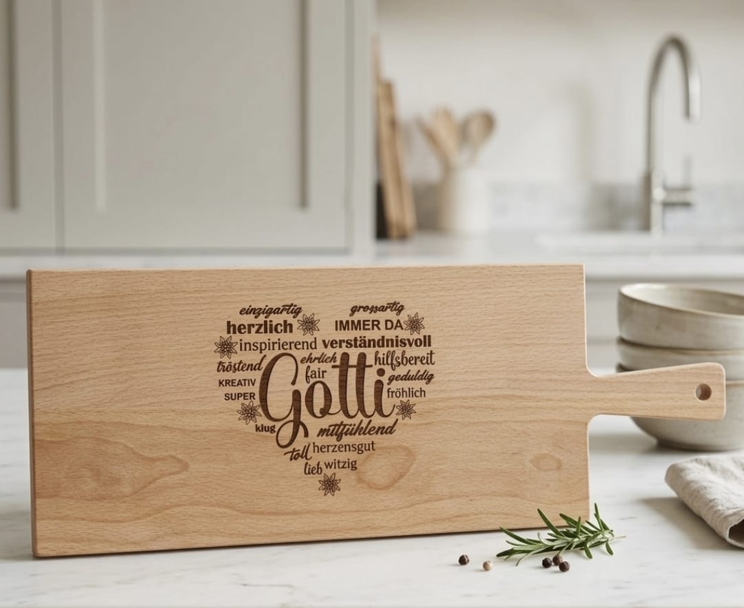 Personalisiertes Holzschneidebrett aus Buchenholz als Geschenk für den Götti – Wortwolke in Herzform mit Gravuren wie 'herzensgut', 'lustig' und 'grossartig'.