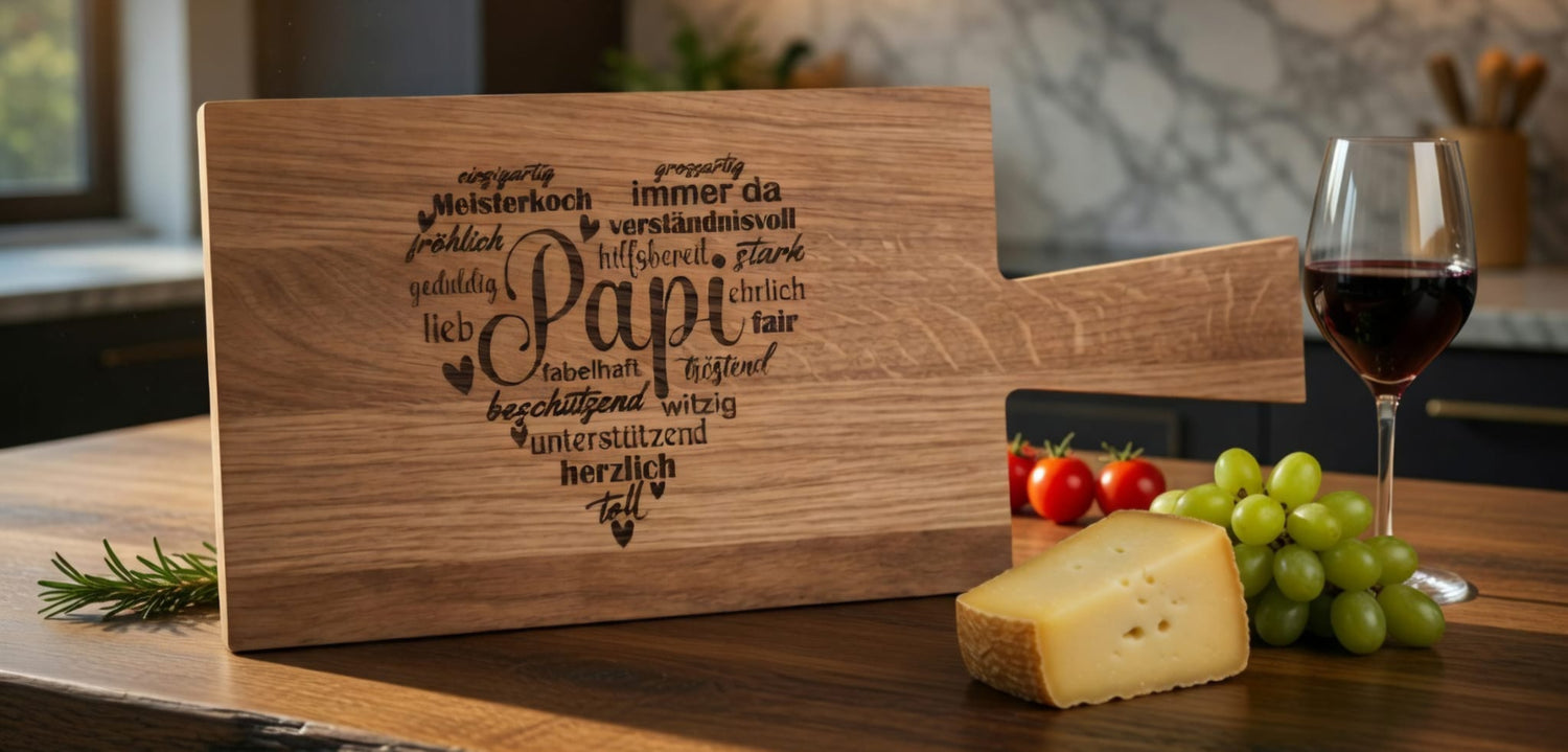Graviertes Holzbrett 'Papi' – personalisiertes Geschenk aus Eiche.