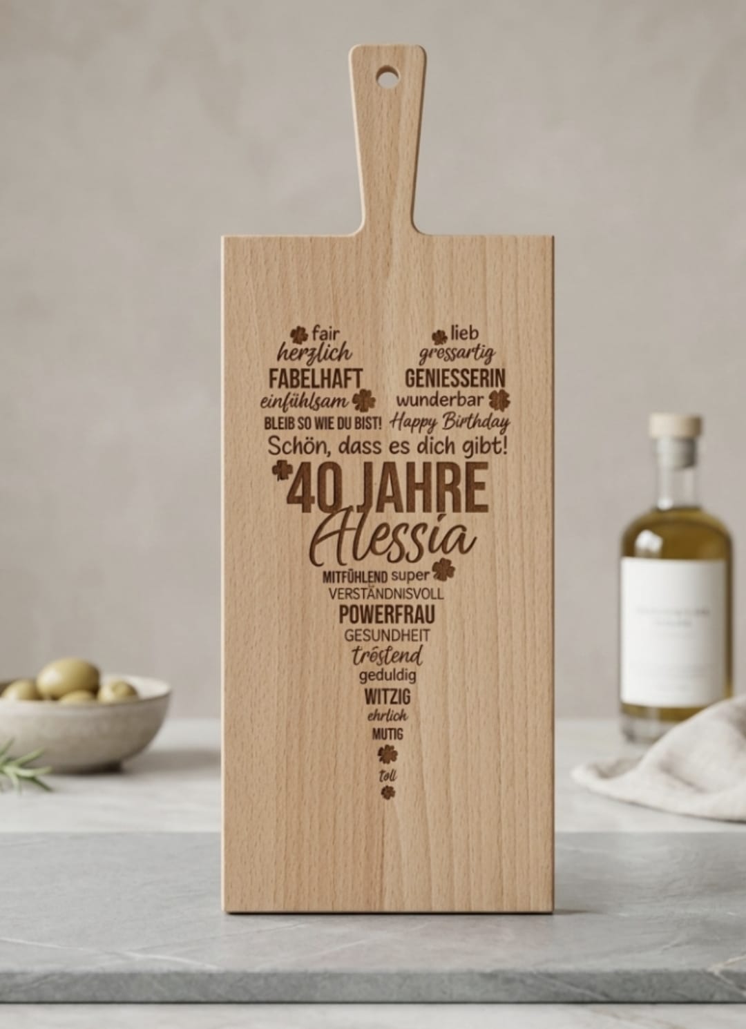 Holzschneidebrett aus Buche mit Lasergravur zum runden Geburtstag – schmal, 50 x 19 x 1.5 cm, Geschenk aus der Schweiz