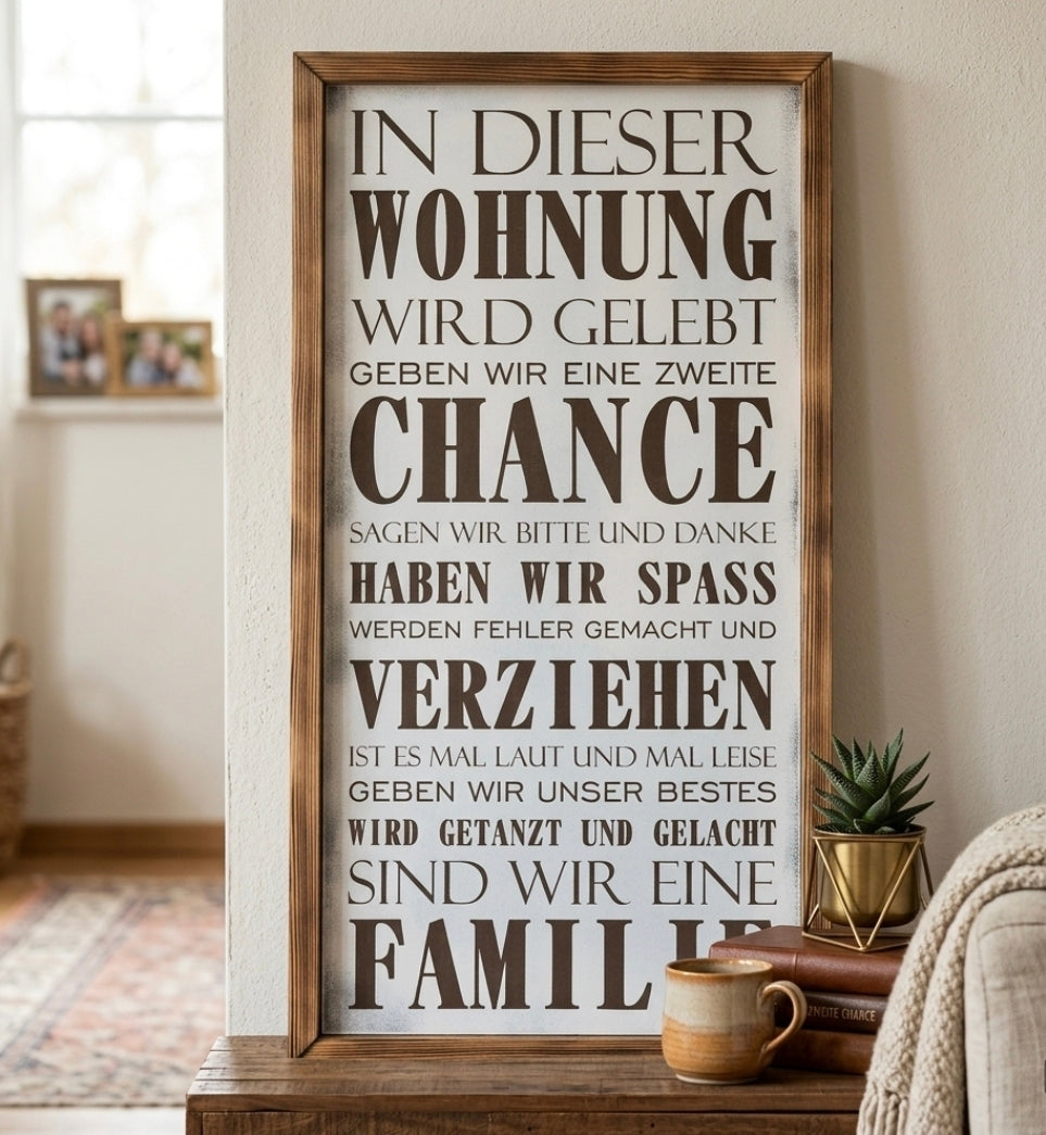 Holzschild mit Rahmen Familienregeln 64x34 cm – Wanddekoration mit Lasergravur