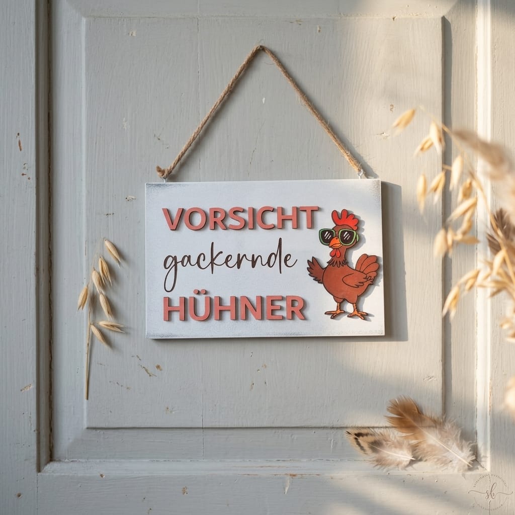 3D Holzschild „Vorsicht gackernde Hühner“ – Deko-Schild im Vintage-Look