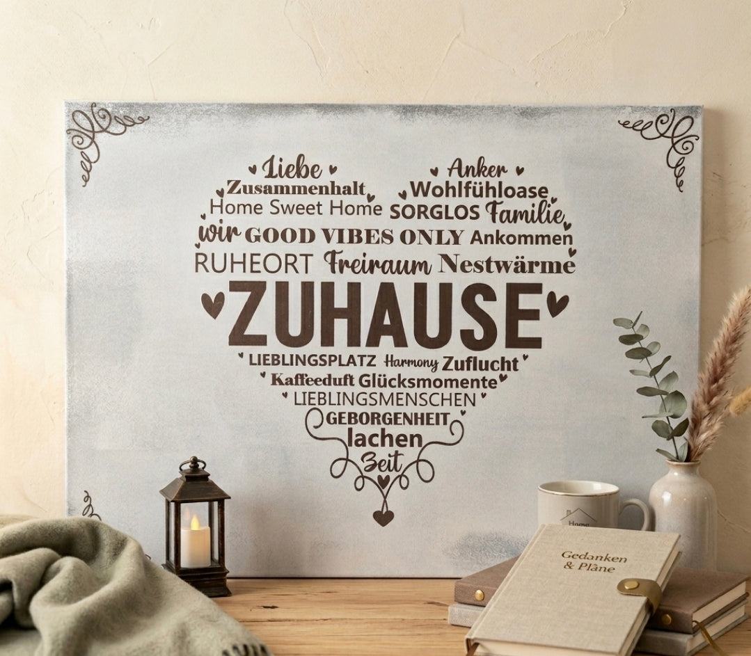 Handgefertigtes Holzschild Zuhause im Shabby Chic Stil, 40 x 30 cm, mit Herzform-Wortcollage, von Brandmalerei Gwerder