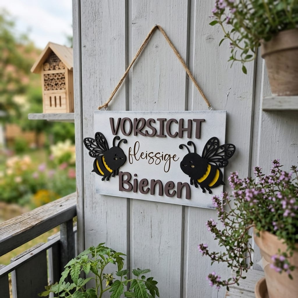 3D Holzschild „Vorsicht fleissige Bienen“ 35x20 cm – Deko-Schild im Vintage-Look