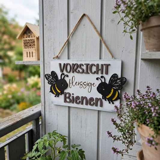 3D Holzschild „Vorsicht fleissige Bienen“ 35x20 cm – Deko-Schild im Vintage-Look