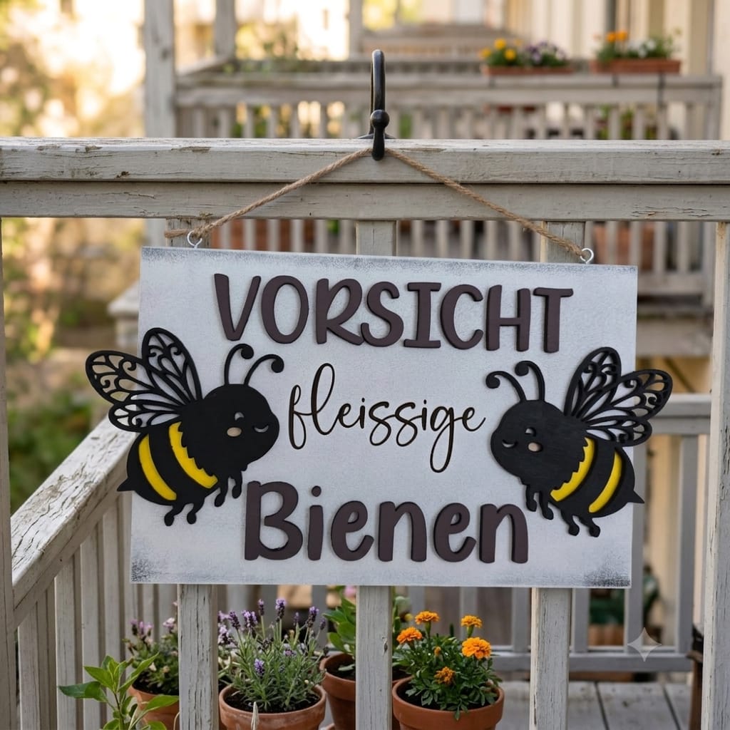 Holzschild „Vorsicht fleissige Bienen“ am Balkon aufgehängt – Deko für Garten und Bienenfreunde