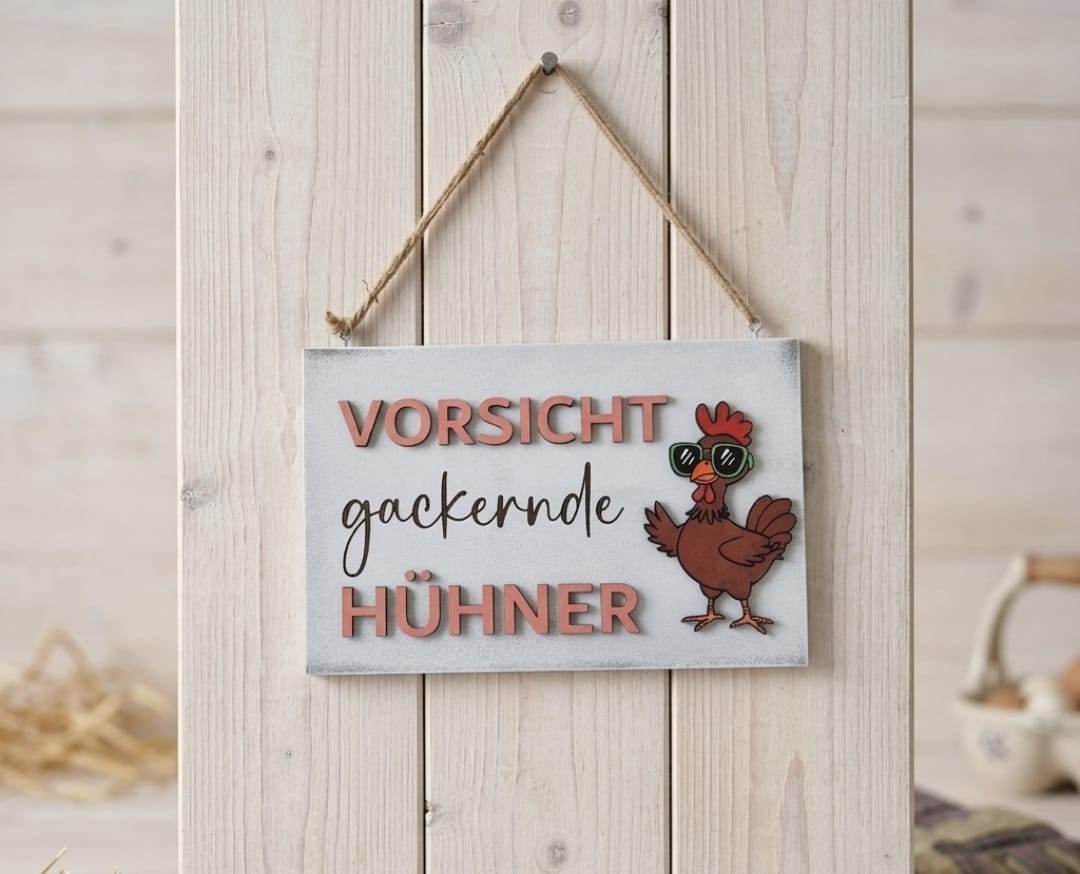 3D Holzschild „Vorsicht gackernde Hühner“ 30x20 cm – Deko-Schild im Vintage-Look