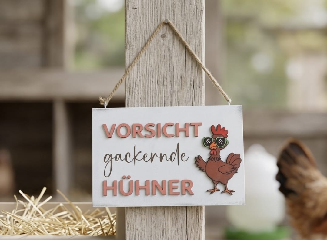 3D Holzschild „Vorsicht gackernde Hühner“ 30x20 cm – Deko-Schild im Vintage-Look für Hühnerstall