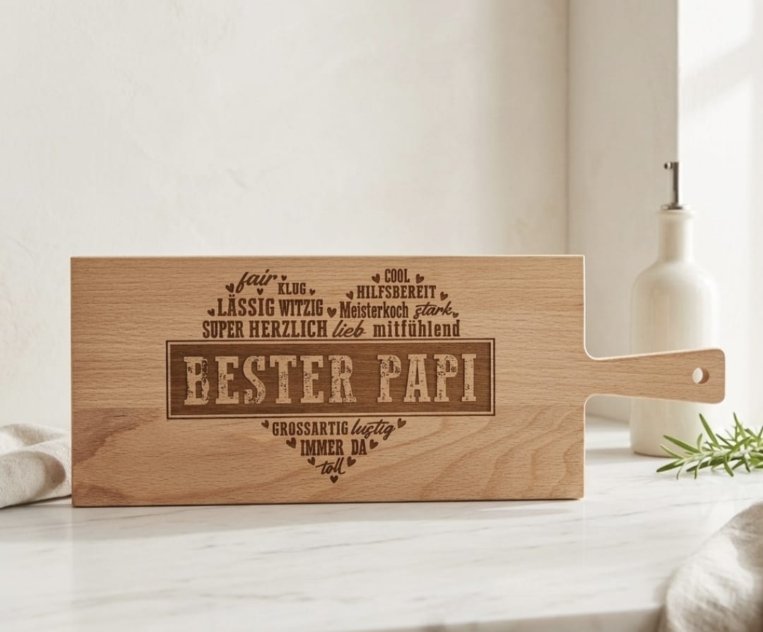 Holzschneidebrett aus Buche mit Lasergravur ‚Bester Papi' – persönliches Vatertagsgeschenk, 50 x 19 x 1.5 cm