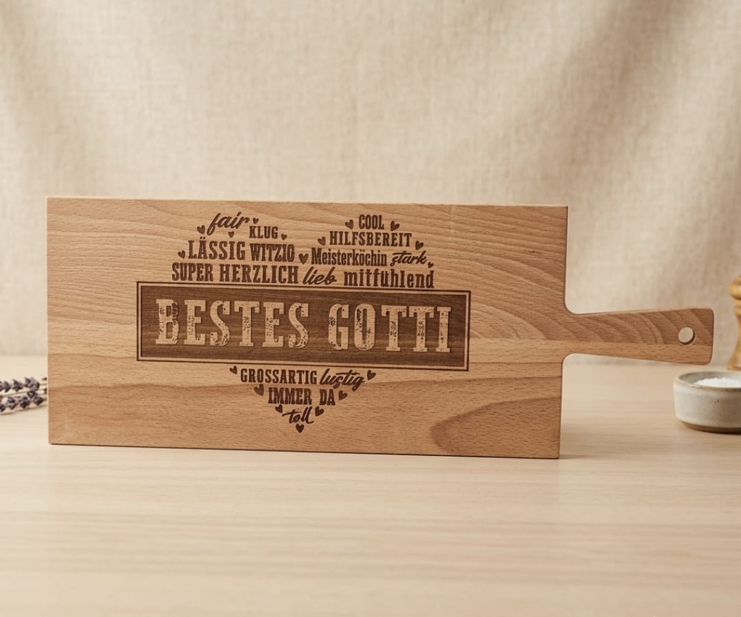 Lasergraviertes Holzschneidebrett Buche ‚Bestes Gotti' – hochwertiges Geschenk für die Gotti, 50 x 19 x 1.5 cm
