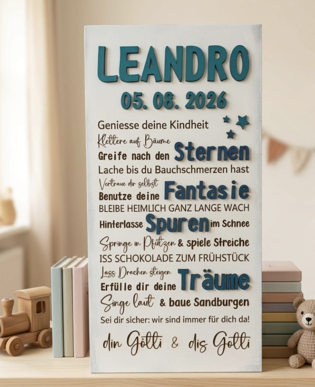 Personalisiertes Kinderschild Shabby Chic mit Name und Datum, türkis, 60 x 30 cm