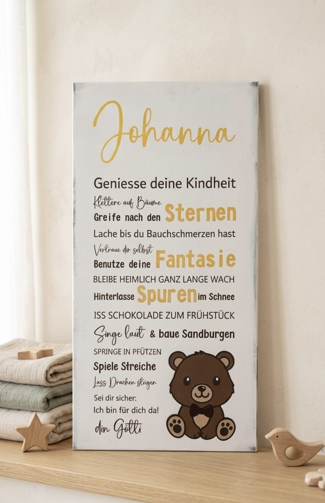Personalisiertes Kinderschild Shabby Chic mit Teddybär-Sujet, lasergraviert auf Holz – Geschenk zur Taufe oder Geburt, 60 x 30 cm