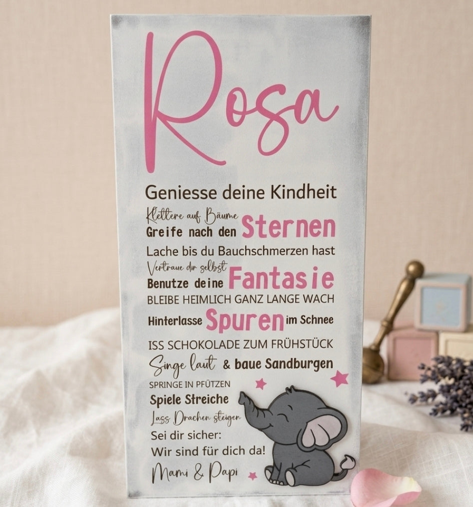 Personalisiertes Kinderschild Shabby Chic mit Elefanten-Sujet, lasergraviert auf Holz - Geschenk zur Taufe oder Geburt