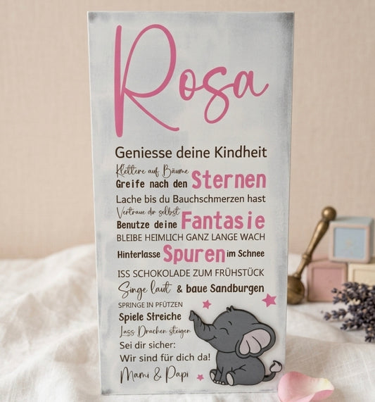 Personalisiertes Kinderschild Shabby Chic mit Elefanten-Sujet, lasergraviert auf Holz - Geschenk zur Taufe oder Geburt