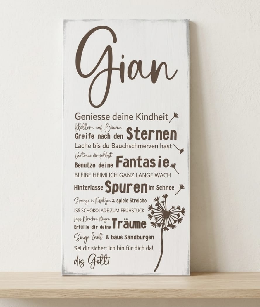 Personalisiertes Kinderschild Shabby Chic mit Name und Motiv Pusteblume, lasergraviert auf Holz – handgefertigt in der Schweiz, Geschenk zur Taufe oder Geburt vom Gotti