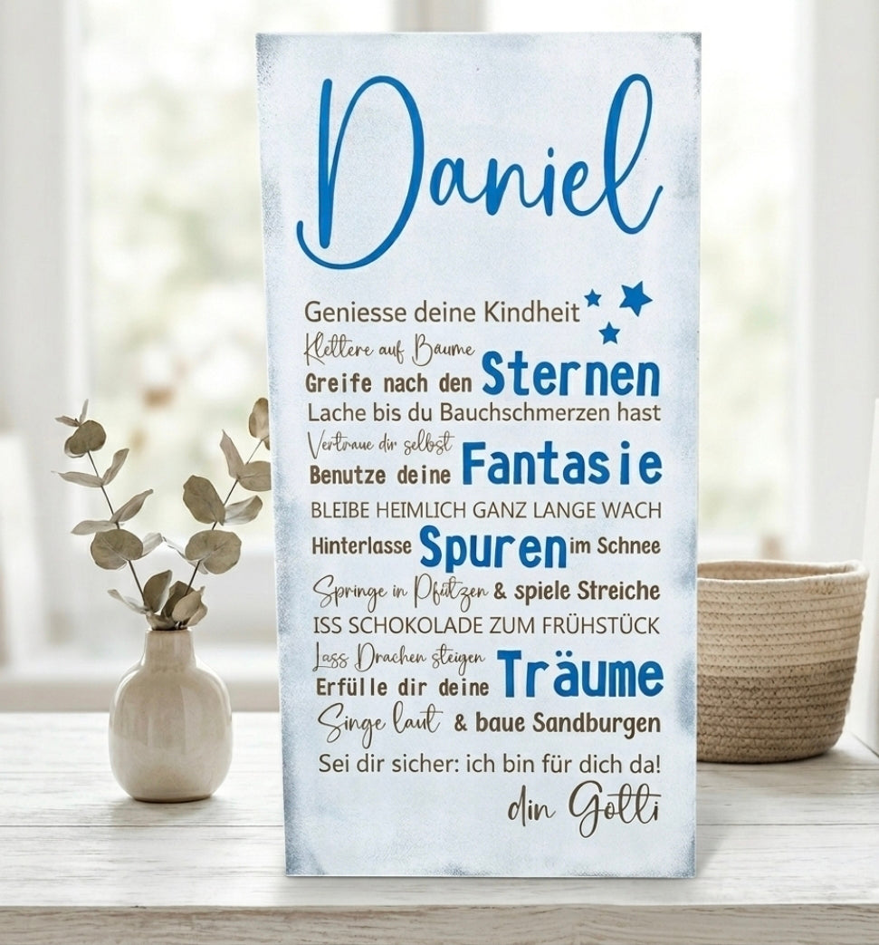 Personalisiertes Kinderschild Shabby Chic farbig in Blau, lasergraviert auf Holz - Geschenk zur Taufe oder Geburt