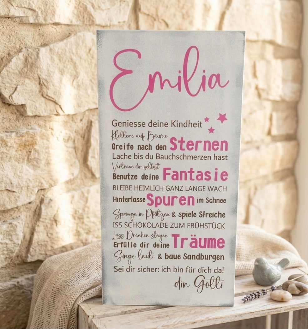 Personalisiertes Kinderschild Shabby Chic farbig in Pink, lasergraviert auf Holz - Geschenk zur Taufe oder Geburt