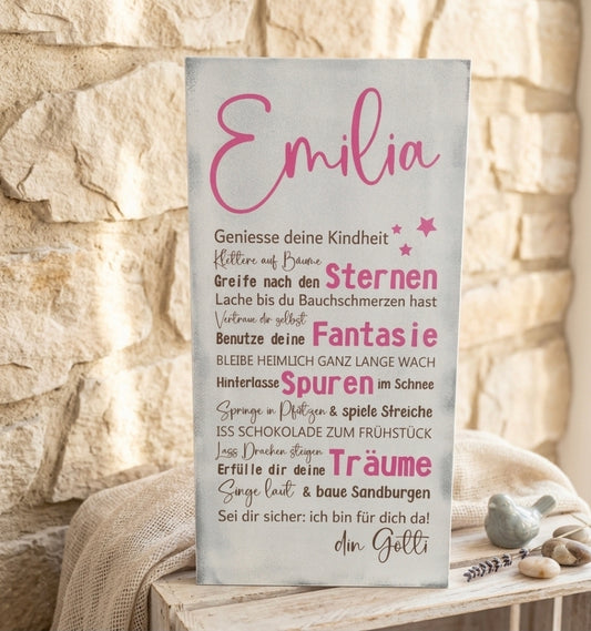 Personalisiertes Kinderschild Shabby Chic farbig in Pink, lasergraviert auf Holz - Geschenk zur Taufe oder Geburt