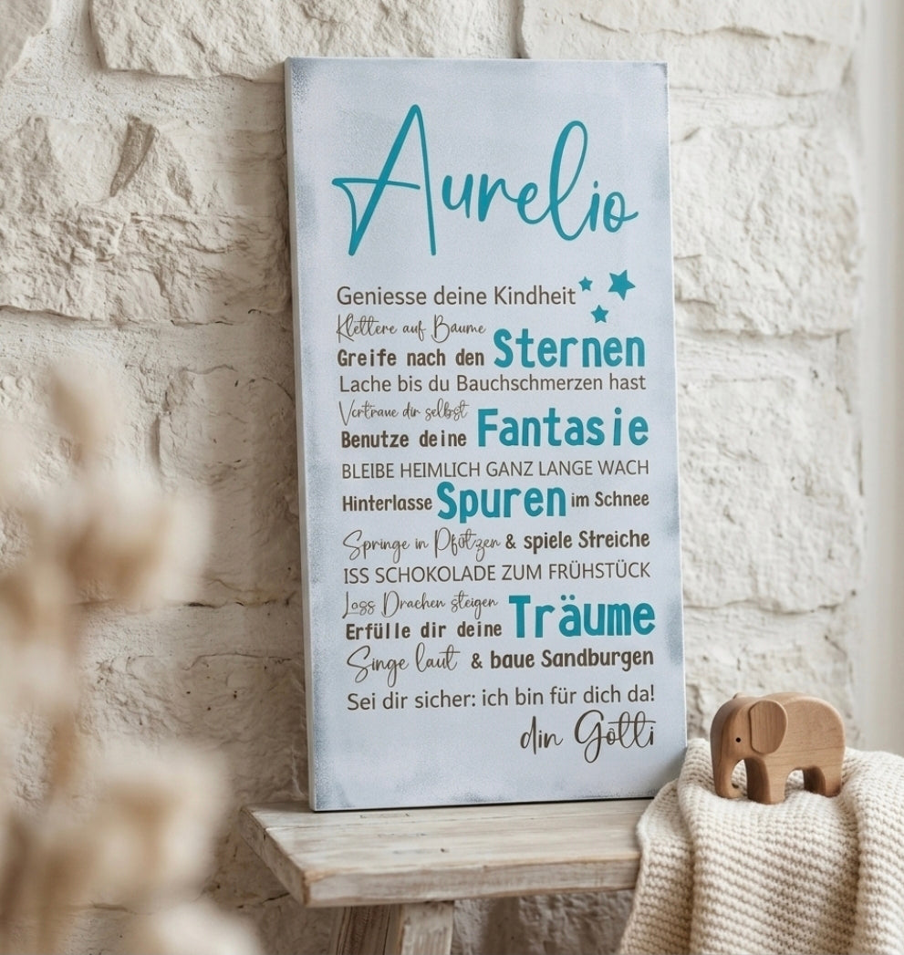 Personalisiertes Kinderschild Shabby Chic farbig in Tuerkis, lasergraviert auf Holz - Geschenk zur Taufe oder Geburt