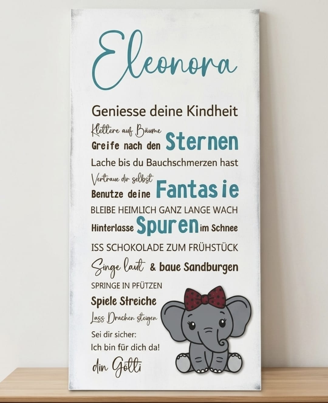 Personalisiertes Kinderschild Shabby Chic mit Tiersujet Elefäntli mit Mäscheli, lasergraviert auf Holz – Geschenk zur Taufe oder Geburt, 60 x 30 cm