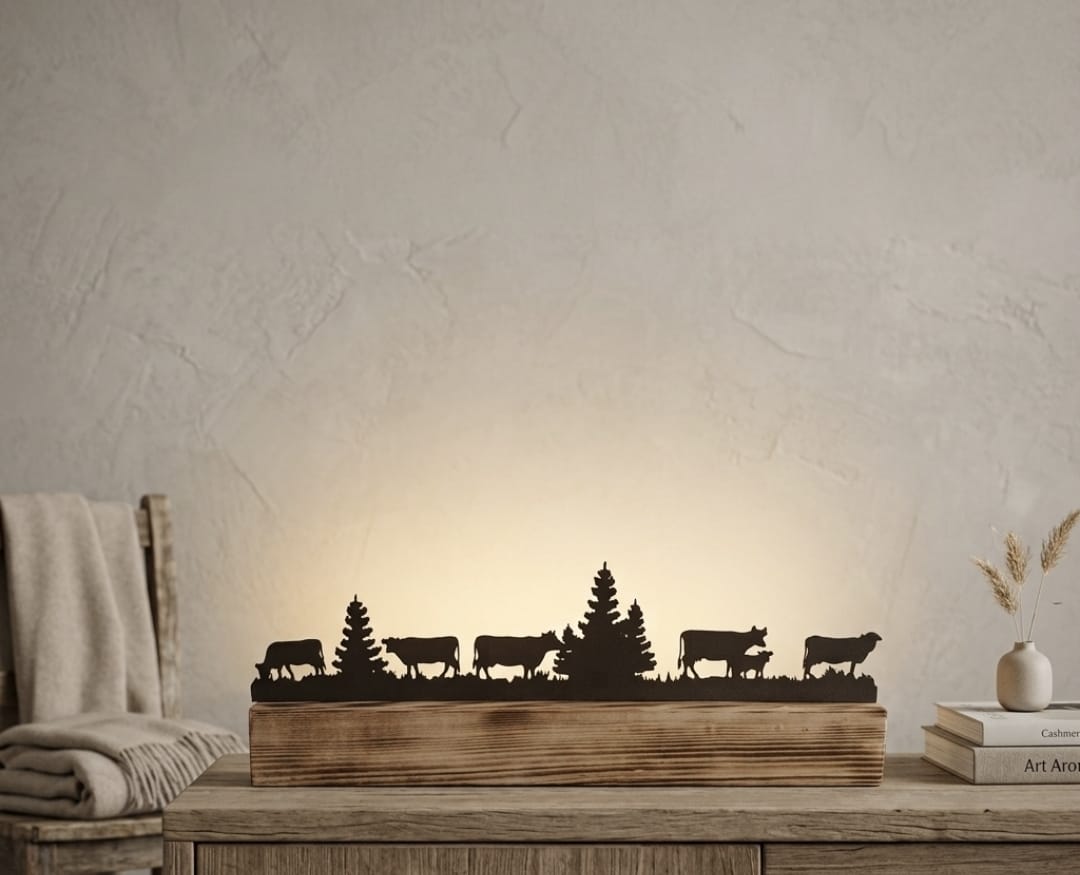 LED Holzbalken Alpzyt beleuchtet – Kühe- und Tannensilhouette im Lichterglanz