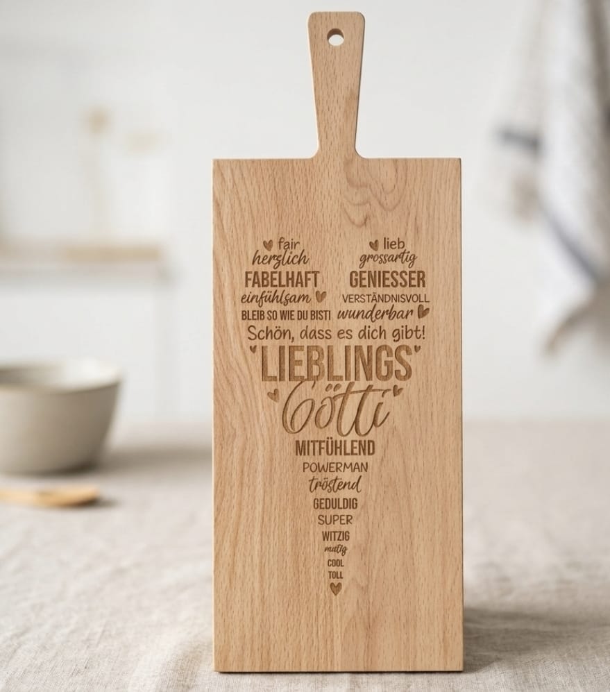 Servierbrett aus Buche mit Lasergravur „Lieblingsgötti" – personalisiertes Geschenk, handgefertigt in der Schweiz