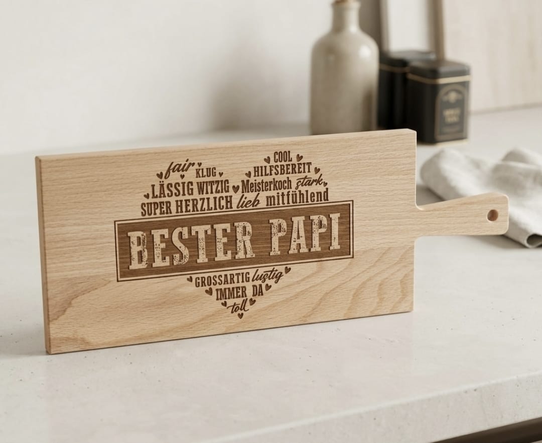 Lasergraviertes Schneidebrett aus Buche ‚Bester Papi' – Geschenk für Papa aus der Schweiz, 50 x 19 x 1.5 cm