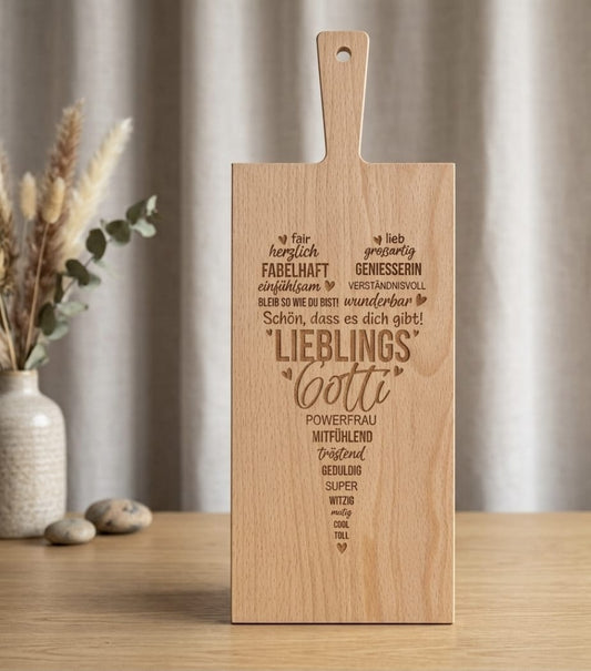 Servierbrett aus Buche mit Lasergravur „Lieblingsgotti" – personalisiertes Geschenk, handgefertigt in der Schweiz