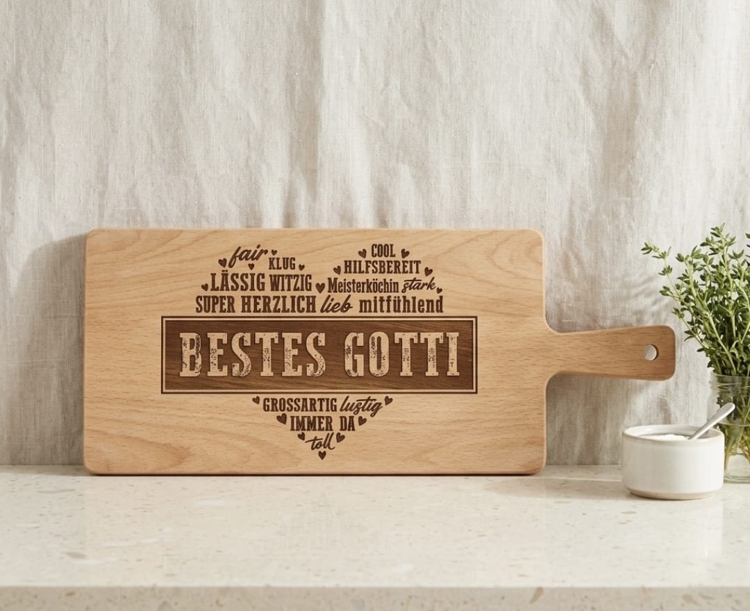 Servierbrett aus Buche mit Gravur ‚Bestes Gotti' – persönliches Holzgeschenk aus der Schweiz, 50 x 19 x 1.5 cm