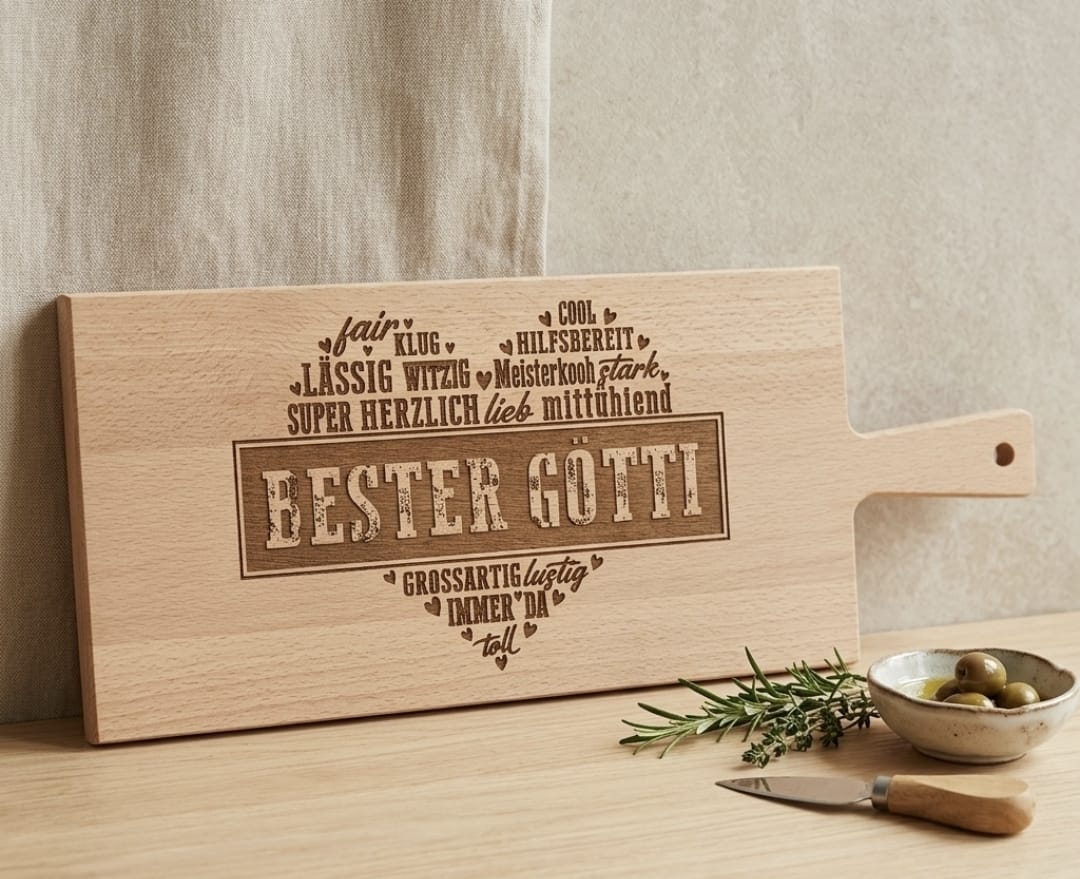 Personalisiertes Holzschneidebrett aus Buche mit Lasergravur „Bester Götti" – Geschenk für den Götti, 50 x 19 cm