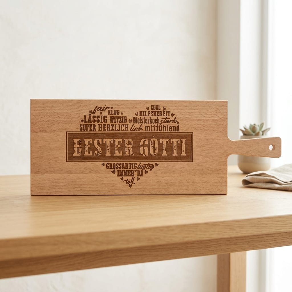Personalisiertes Holzschneidebrett aus Buche mit Lasergravur „Bester Götti" – Geschenk für den Götti, 50 x 19 x 1.5 cm