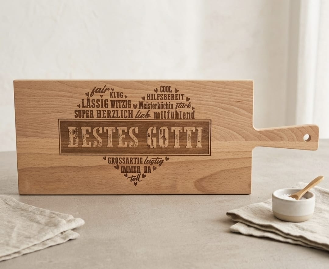 Holzschneidebrett aus Buche mit Lasergravur ‚Bestes Gotti' – Geschenk für die Gotti, 50 x 19 x 1.5 cm