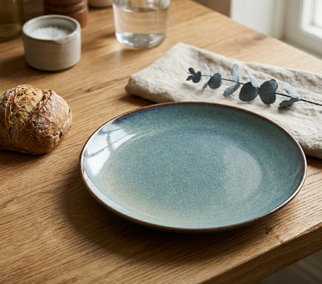 Vorspeisenteller Montagna Steingut Ø 21 cm mit Reactive-Glaze-Effekt in Blau-Grau auf Holztisch – handgefertigtes Geschirr, Unikat aus der Schweiz